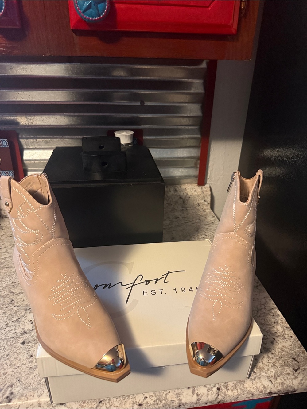 Comfort Colors Pale Pink Suede Western Ankle Boots with Metallic Cap
